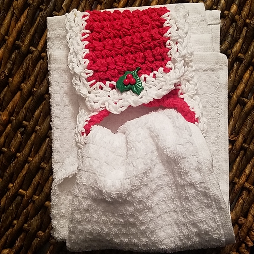 Holiday Dish Towel & Holder with Holly Embellishme